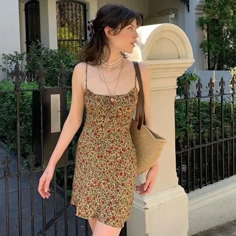 Foridol Strap Sleeveless Print Boho Summer Dress Long Women Green Floral Yellow Dresses Sundress Vintage French Style Dress