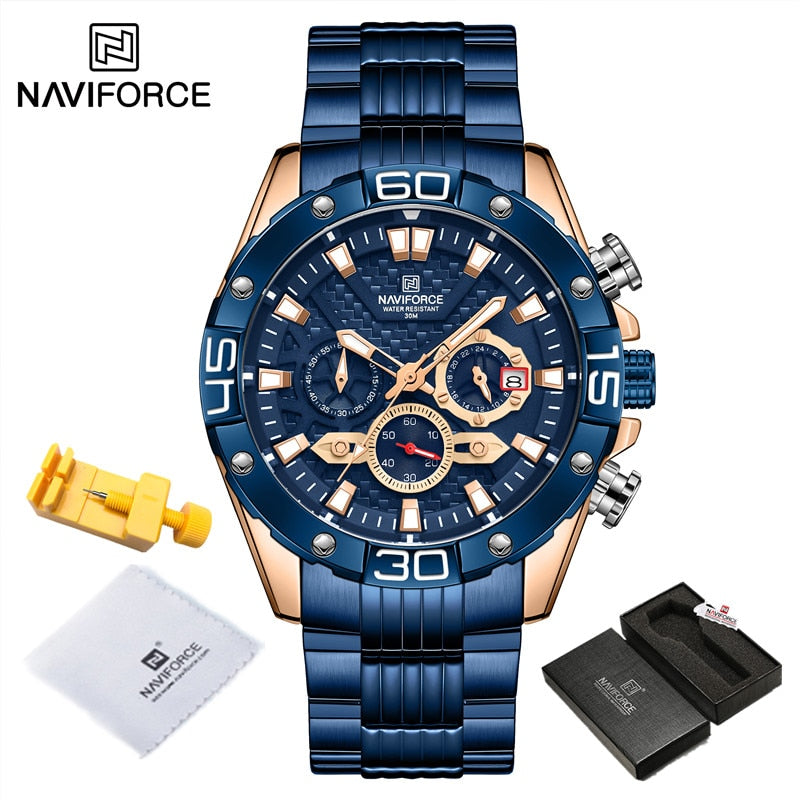 NAVIFORCE Watches For Men 2022 Luxury Original Classic Quartz Clock Analog Chronograph Sports Waterproof Steel Band Wrist Watch