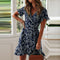 Women Dresses Summer 2022 Sexy V Neck Floral Print Boho Beach Dress Ruffle Short Sleeve A Line Mini Dress Wrap Sundress Robe