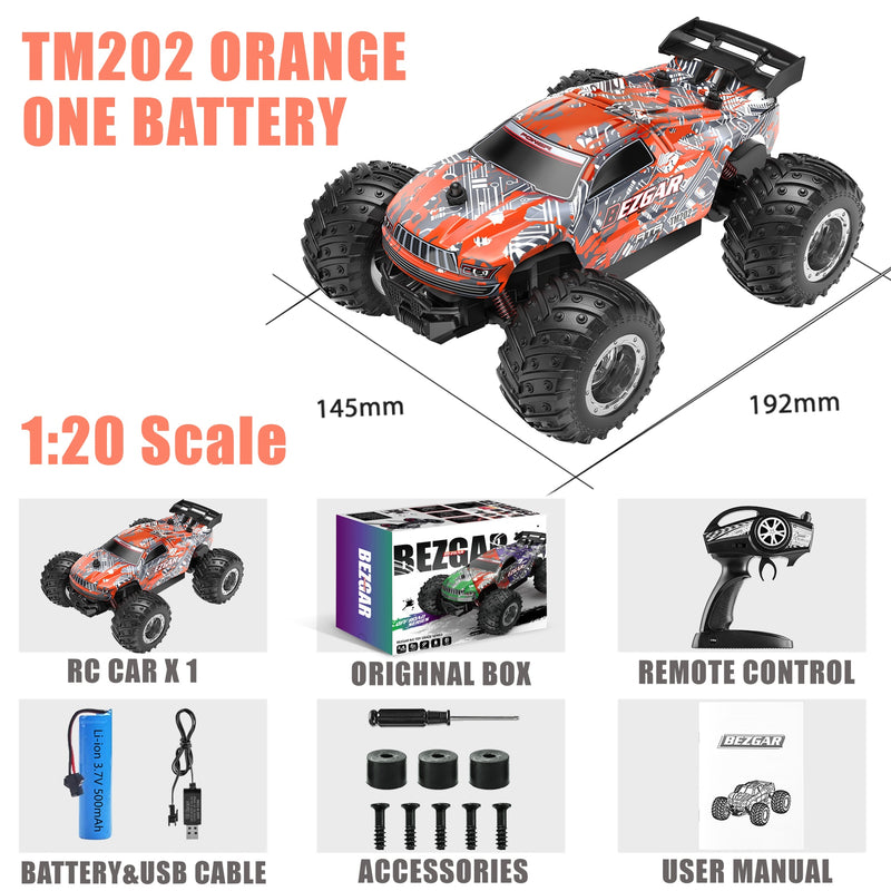 BEZGAR TM201 Remote Control Car,2.4GHz Rc Car All-Terrain 15Km/h 1:20 Off-Road Monster Truck Toy Christmas Present for Children