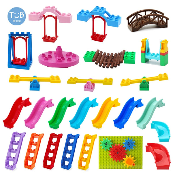 Blocks Amusement Park Accessory Slide Ladder Swing Seesaw Carousel Big Large-particle City Building Children&#39;s Gift Bricks Toy