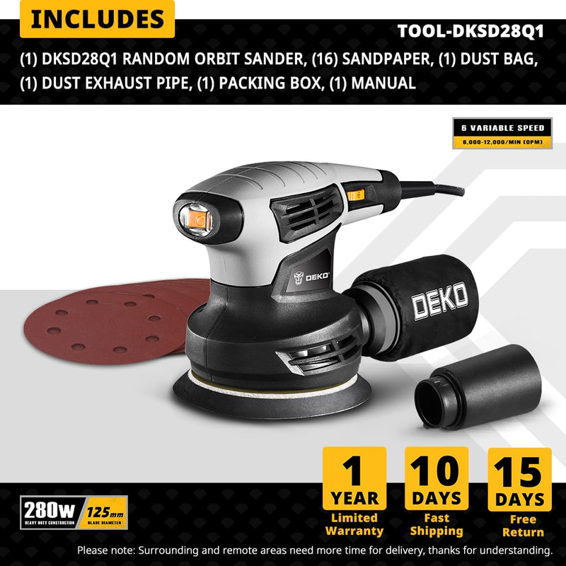 DEKO 280W/320W/350W Random Orbit Sander with 8 Hole 125mm Sandpaper and Variable Speed Sander Power Tools (DKSD28Q1)