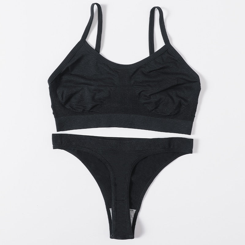 Sexy Women Bra Set Seamless Bra and Pantys Set Sexy Lingerie Set Rib Crop Top Female Brassiere Low Wasit Thong Fitness Underwear