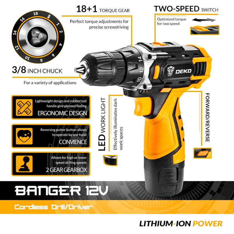 DEKO 12V 16V 20V Cordless Drill Electric Screwdriver Mini Wireless Power Driver Lithium-Ion Battery Home DIY 18+1TorqueSettings