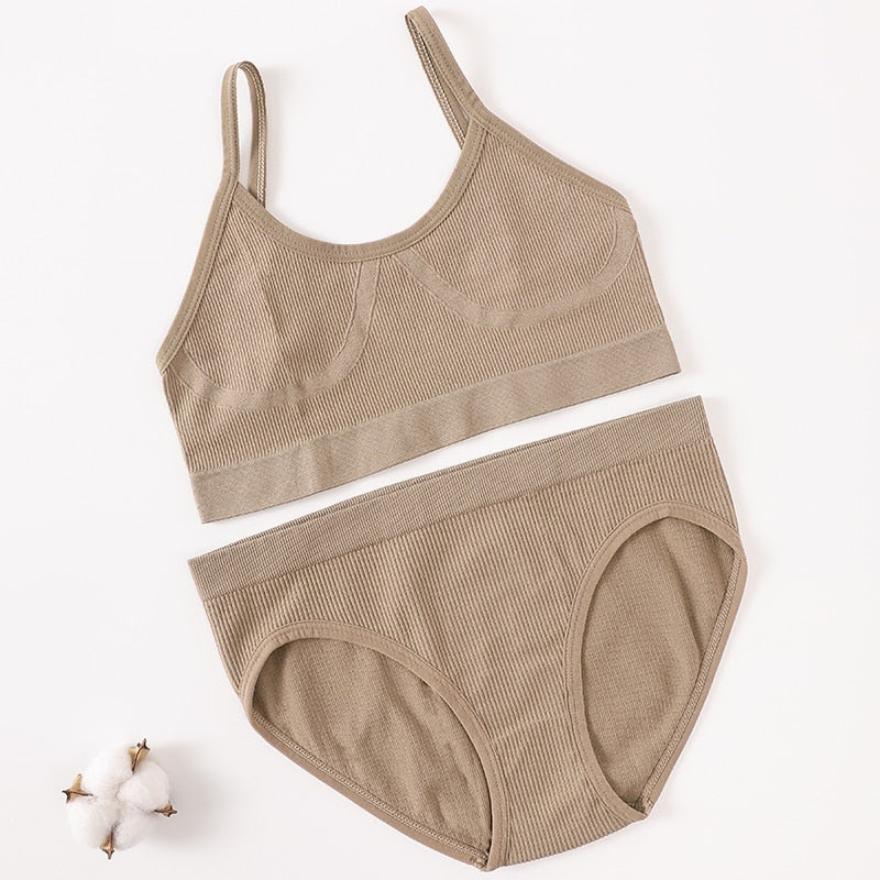 Seamless Women Bra Briefs Set Push Up Bra Crop Top High Waist Panties Sexy Lingerie Set Low Back Bralette Fitness Underwear Set