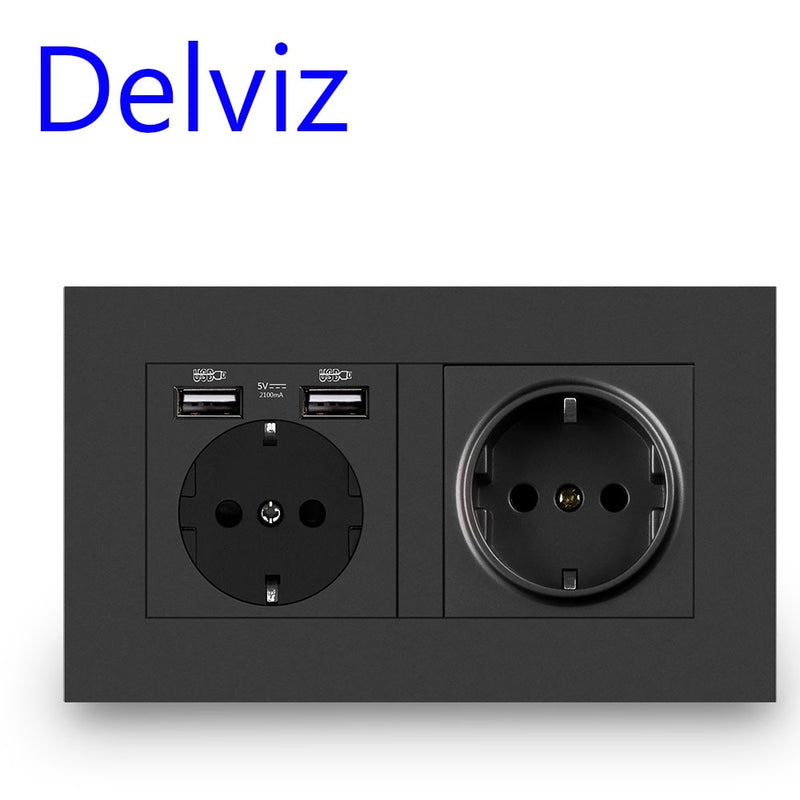 Delviz EU Standard USB socket, Double Outlet,16A Quality power panel AC 110~250V 146mm * 86mm,Double frame Wall USB Power Outlet