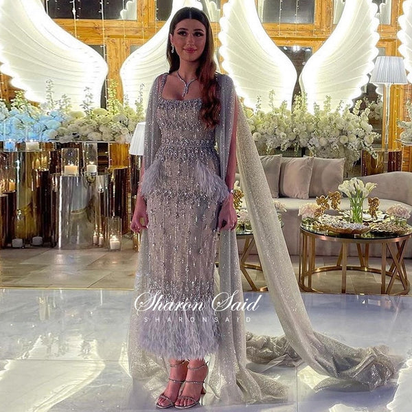 Bling Gray Mermaid Arabic Evening Dress with Cape Luxury Feather Crystal Dubai Prom Formal Dresses for Women Wedding Party Gowns