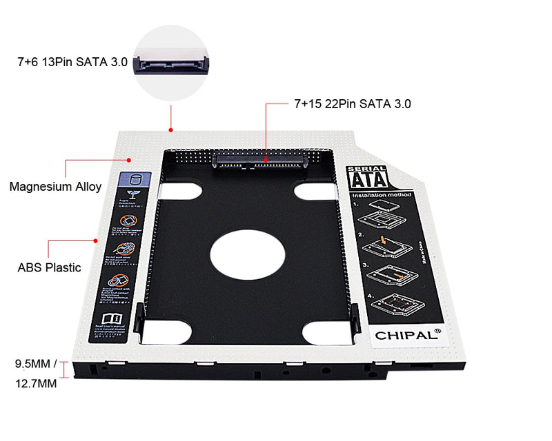 CHIPAL 2nd HDD Caddy 12.7mm 9.5mm SATA 3.0 2.5&#39;&#39; HD Hard Disk Drive Enclosure SSD Case Box For Laptop CD-ROM DVD-ROM Optical Bay
