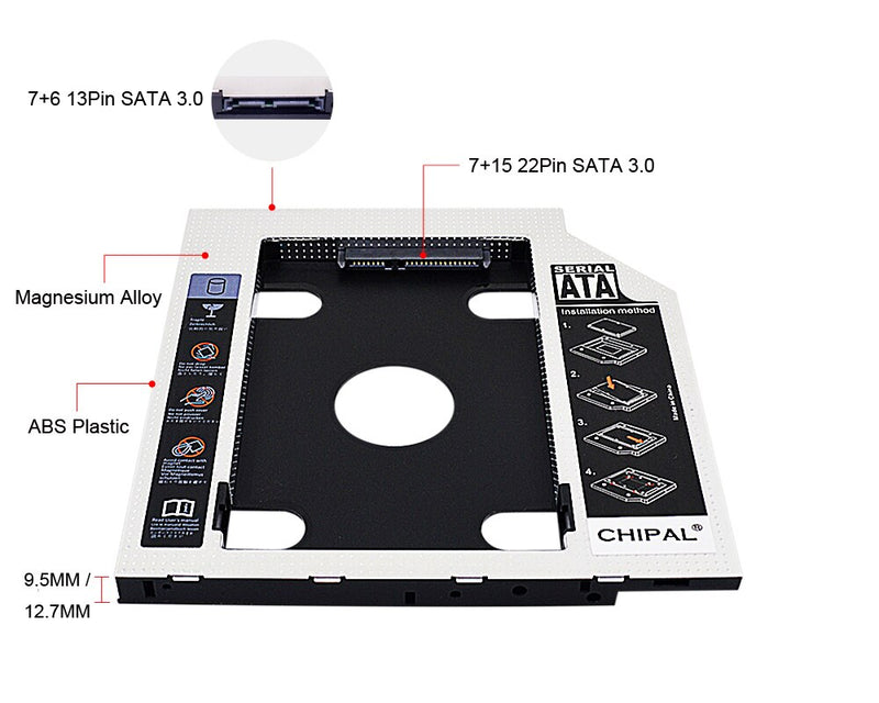 CHIPAL 2nd HDD Caddy 12.7mm 9.5mm SATA 3.0 2.5&#39;&#39; HD Hard Disk Drive Enclosure SSD Case Box For Laptop CD-ROM DVD-ROM Optical Bay