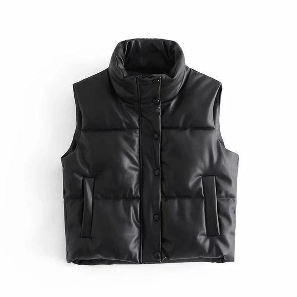 Black Stand Collar Vests Women Fashion Zipper PU Leather Coats Women Elegant Autumn Winter Short Vests Female Ladies
