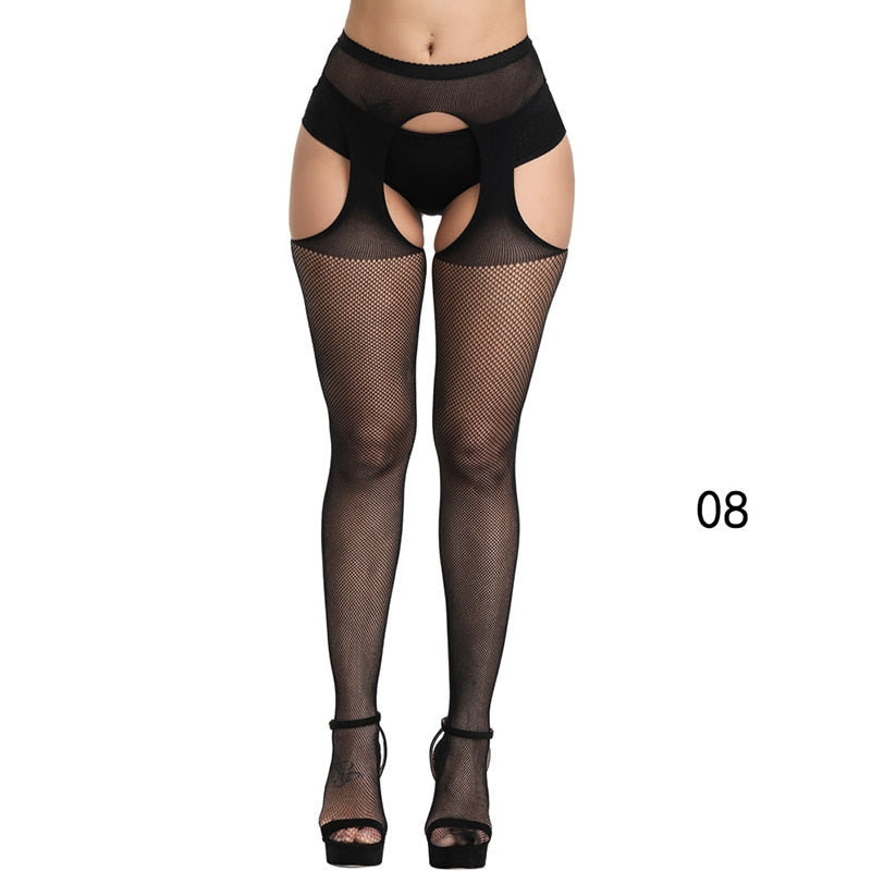 Sexy Solid Striped Elastic High Waist Transparent Stockings Lingerie Garter Fishnet Pantyhose Open Crotch Tights