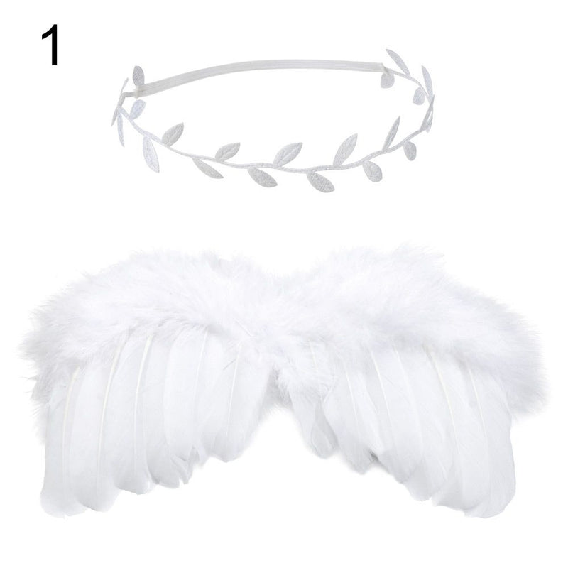 2pcs/set Cute Newborn Angel Feather Wings with Baby Girl Rose Flower Headband Hair Accessories for Infant Photography Props