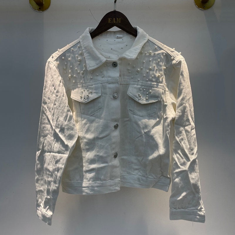 DEAT Fast Delivery New Autumn Fashion Women’s Denim Jacket Full Sleeve Loose Button Pearls Short Lapel Wild Casual 2022 AP446