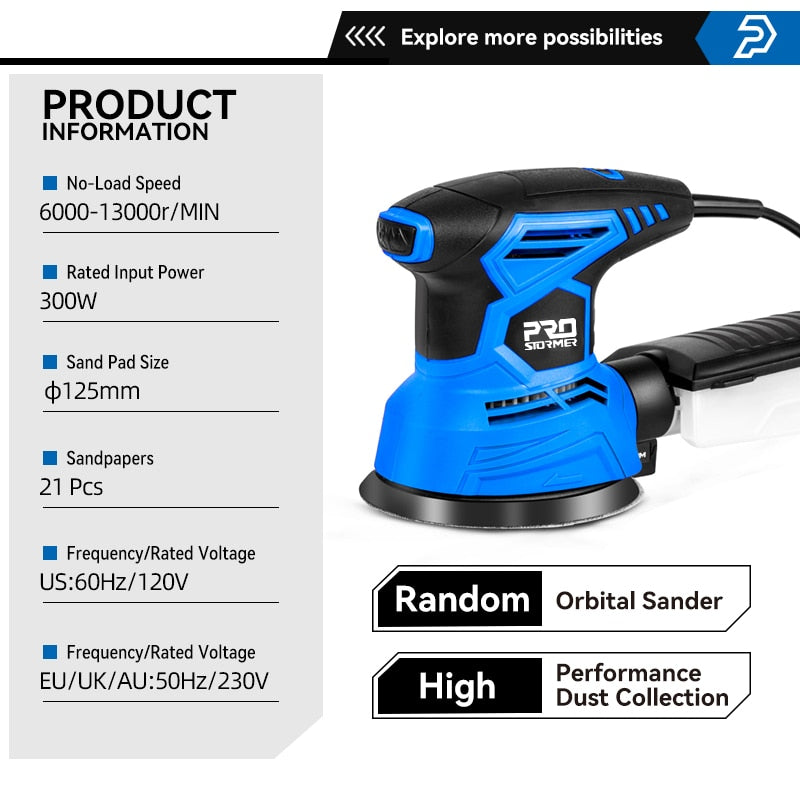 300W Random Orbital Electric Sander Machine with 21Pcs 125mm Sandpapers 120V/240V Strong Dust Collection Polisher by PROSTORMER