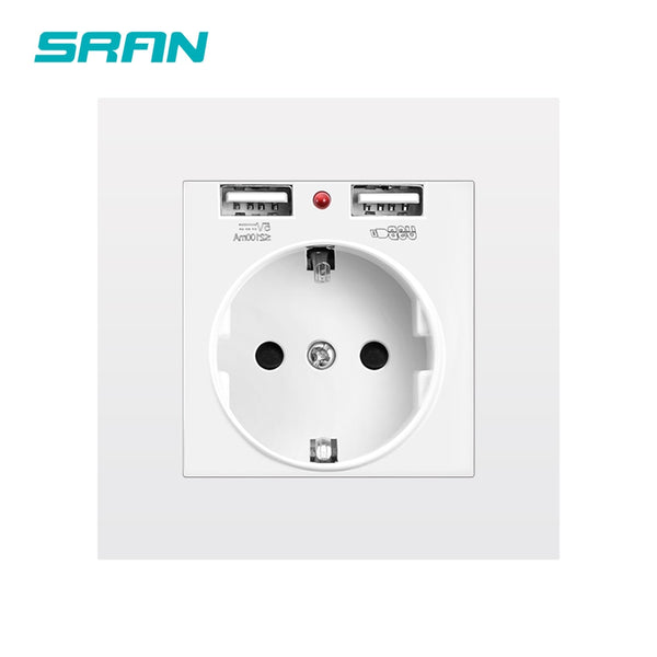 SRAN EU Power socket socket with usb for home,Dual Usb plug 5V 2A PC Panel 86*86mm Usb wall socket Smart LED ON/OFF 16A Outlets