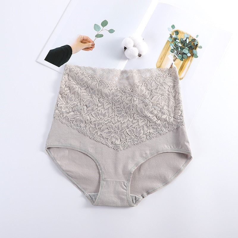 V-neck High Waist Underwear Women Cotton Lace Panties Hot Temptation Girls Belly Briefs