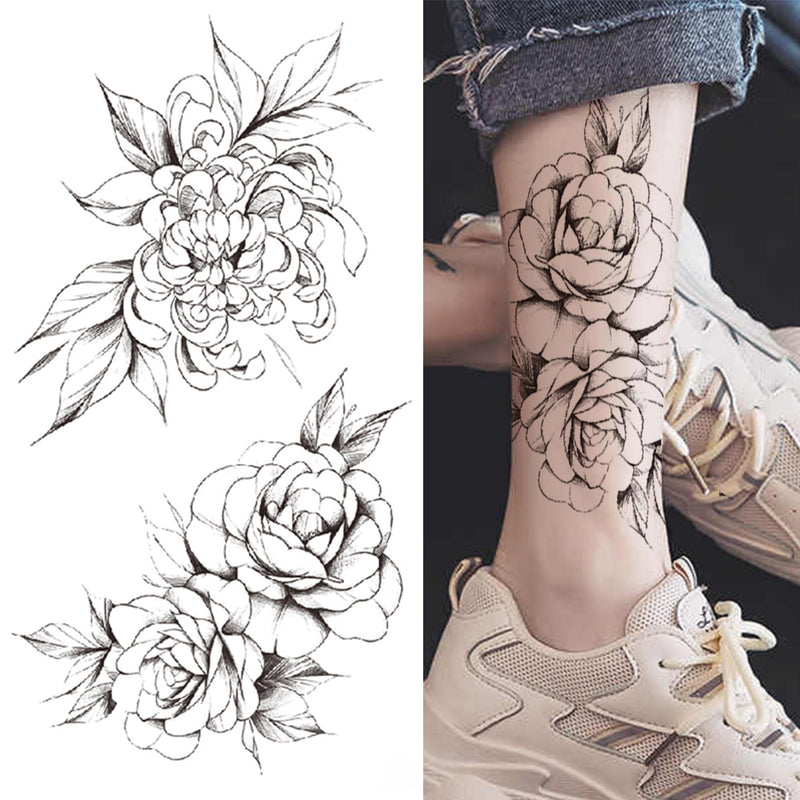 Death Skull Flower Temporary Tattoo For Women Girls Snake Bird Peony Tattoo Sticker Black Fake Blossom Sexy Tatoo Transfer Adult