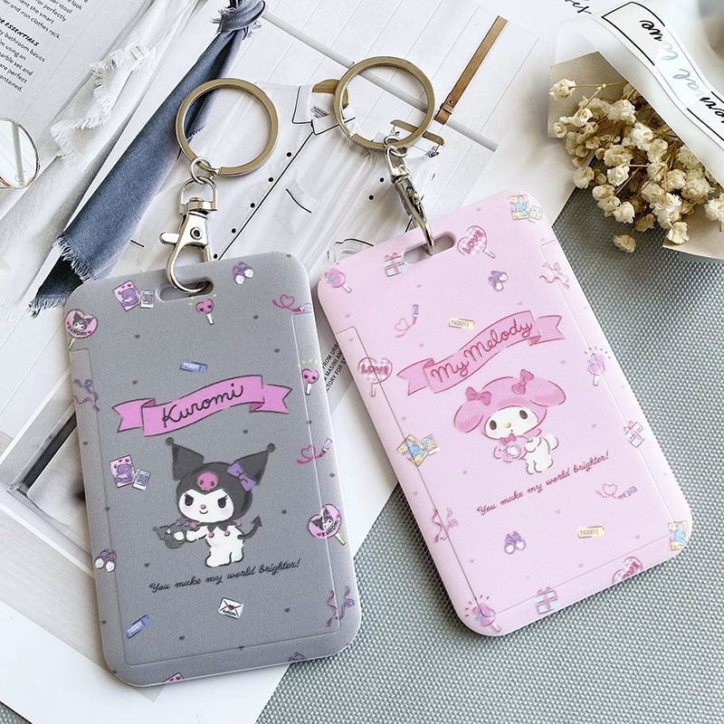 Kawaii Sanrio Keychain Cartoon Cat Sliding Card Holder Student Meal Card Bus Card Holder Lady Id Card Credit Card Holder Lanyard