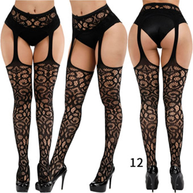 Sexy Solid Striped Elastic High Waist Transparent Stockings Lingerie Garter Fishnet Pantyhose Open Crotch Tights