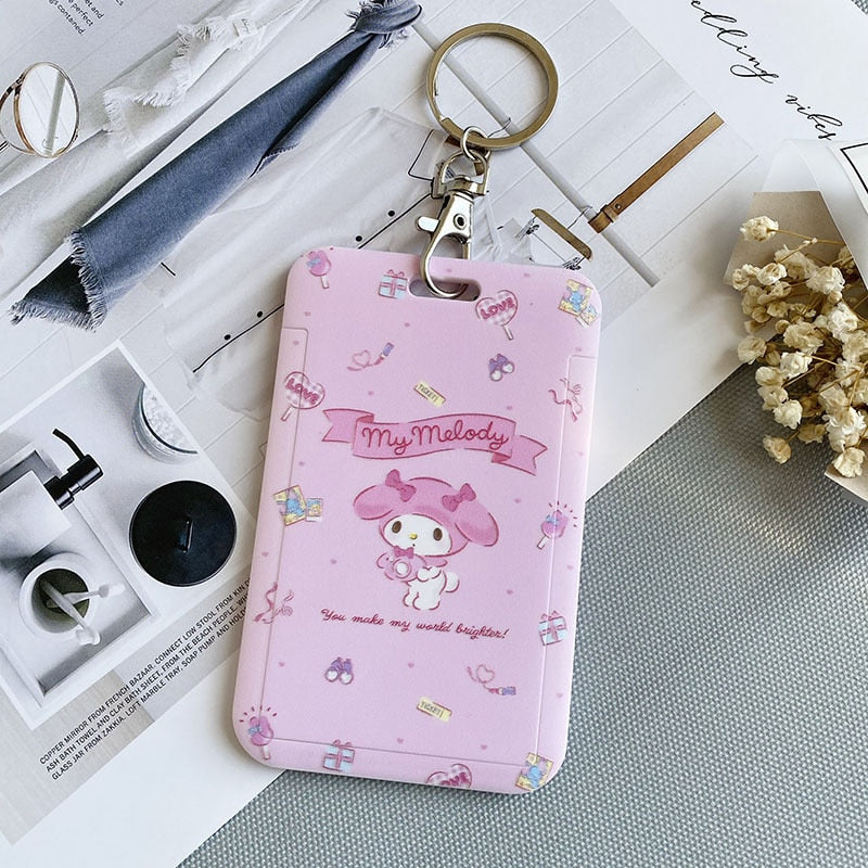 Kawaii Sanrio Keychain Cartoon Cat Sliding Card Holder Student Meal Card Bus Card Holder Lady Id Card Credit Card Holder Lanyard