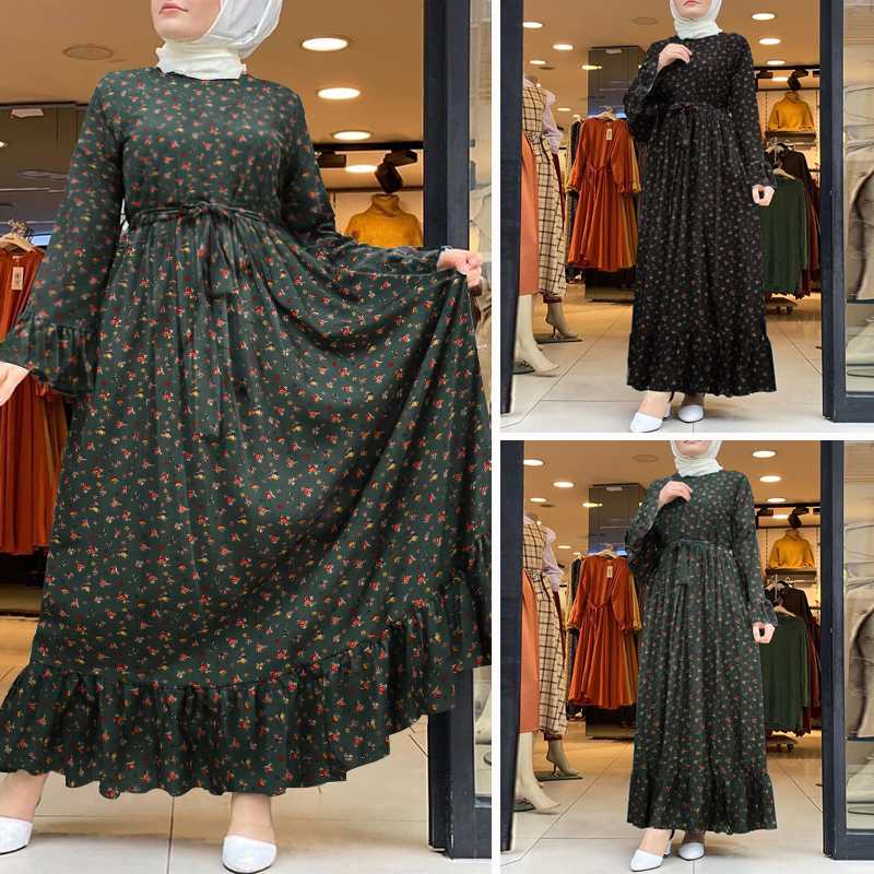 ZANZEA Dubai Turkey Abaya Hijab Dress Vintage Floral Printed Maxi Dress Women Islamic Clothing Long Sleeve Ruffles Sundress Robe