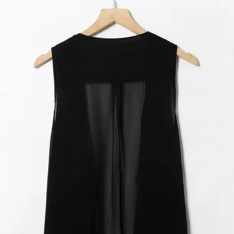 Chiffon Vests Women Holiday Street Solid Black Sweet Thin Summer All-match Fairy Outerwear Sexy Long Draped Open Stitch Vintage