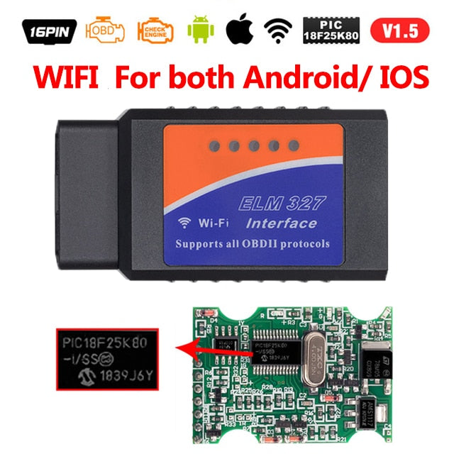 ELM327 OBD2 Scanner V1.5 PIC18F25K80 BT/WIFI Car Diagnostic Tools Auto ELM 327 OBDII Code Reader  Work Android/IOS/Windows 12V