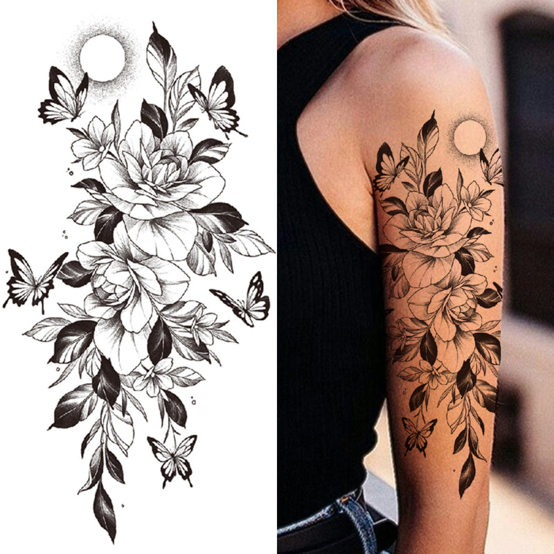 Death Skull Flower Temporary Tattoo For Women Girls Snake Bird Peony Tattoo Sticker Black Fake Blossom Sexy Tatoo Transfer Adult