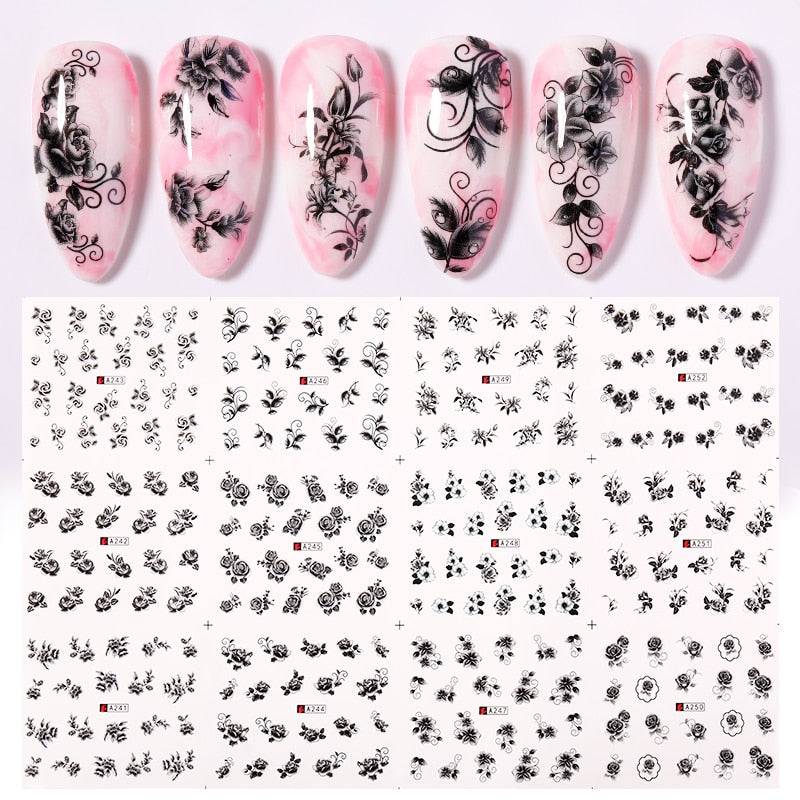 12 Designs Nail Stickers Set Mixed Floral Geometric Nail Art Water Transfer Decals Sliders Flower Leaves Manicures Decoration