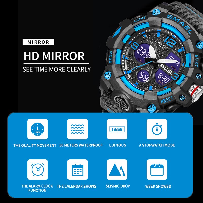 Sport Watch Military Watch For Men Alarm Clock Stopwatch LED Digital Back Light Dual Time Display 8008 Men&