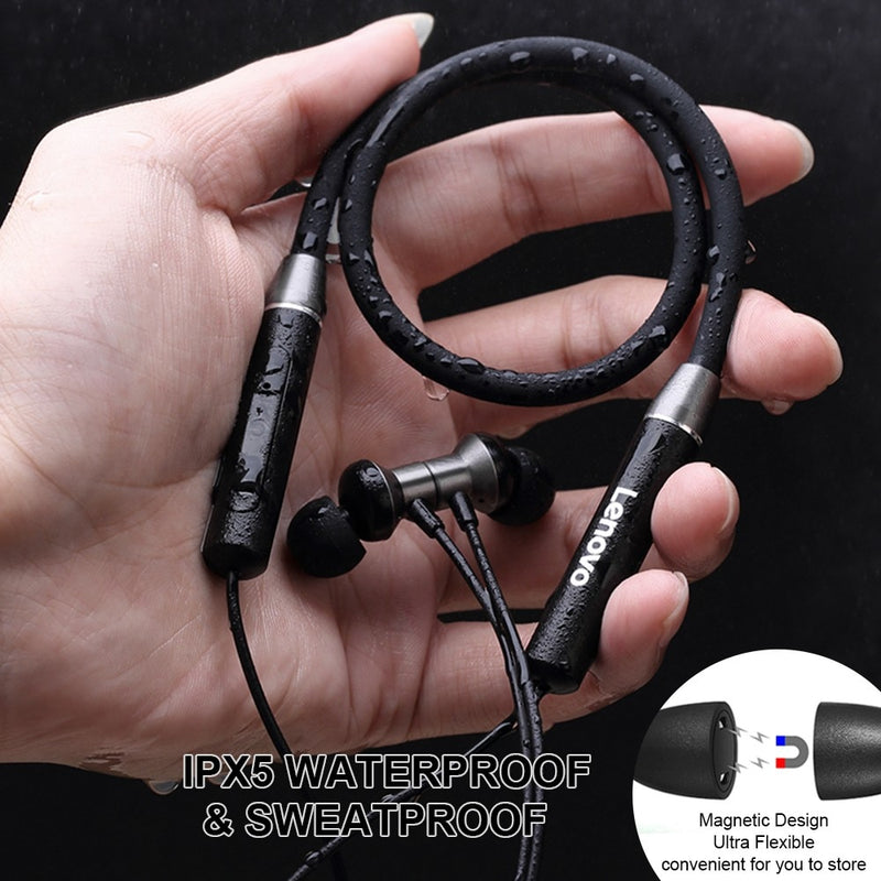 Lenovo Bluetooth5.0 Wireless Earbuds Magnetic Neckband Earphones IPX5 Waterproof Sport Headset with Noise Cancelling Mic HE05
