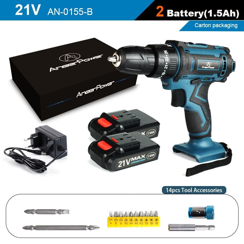 2 Speed Cordless Impact Drill 21V Electric Screwdriver Home Mini 1500 Mah 18650 Lithium Battery Wireless Rechargeable Hand Drill