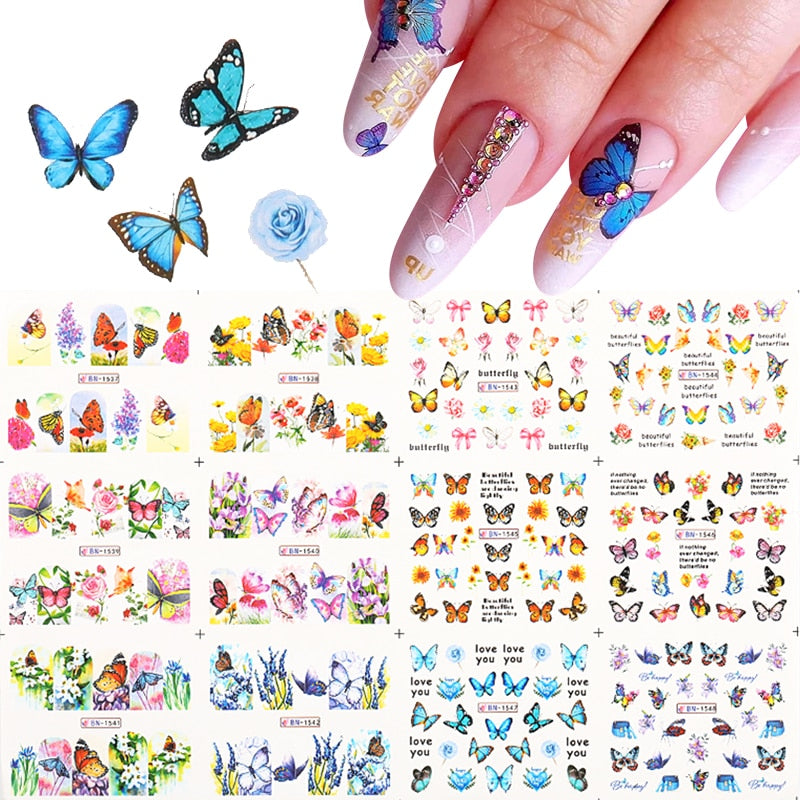 12 Designs Nail Stickers Set Mixed Floral Geometric Nail Art Water Transfer Decals Sliders Flower Leaves Manicures Decoration