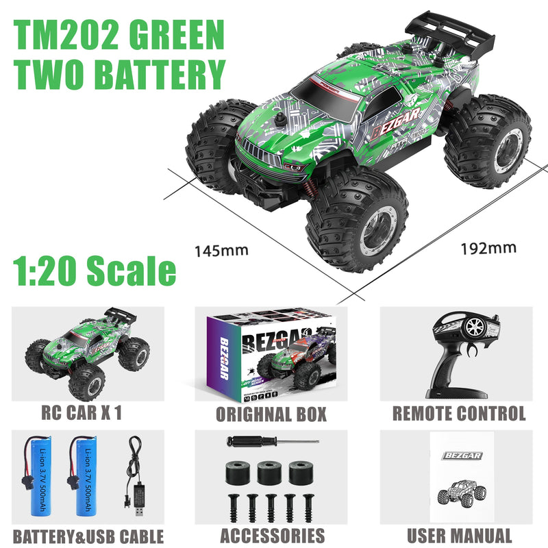 BEZGAR TM201 Remote Control Car,2.4GHz Rc Car All-Terrain 15Km/h 1:20 Off-Road Monster Truck Toy Christmas Present for Children