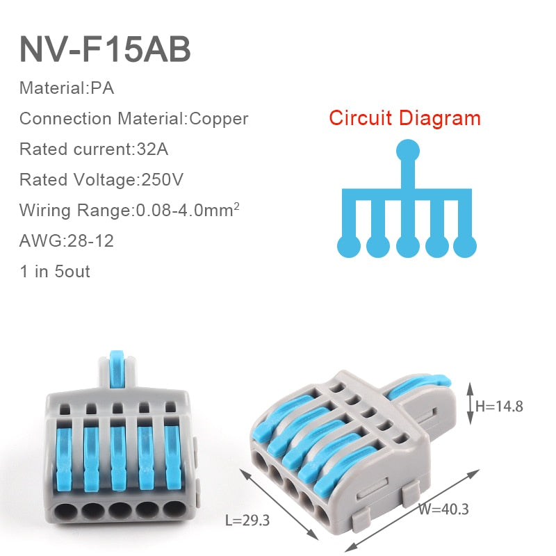 1 Input 2/3/4/5 Output Splitter Quick Spring Splicing Wire Connector Electric Cable Terminal Block Push In With Operation Lever