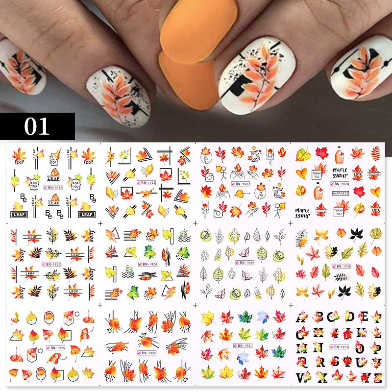 12 Designs Nail Stickers Set Mixed Floral Geometric Nail Art Water Transfer Decals Sliders Flower Leaves Manicures Decoration