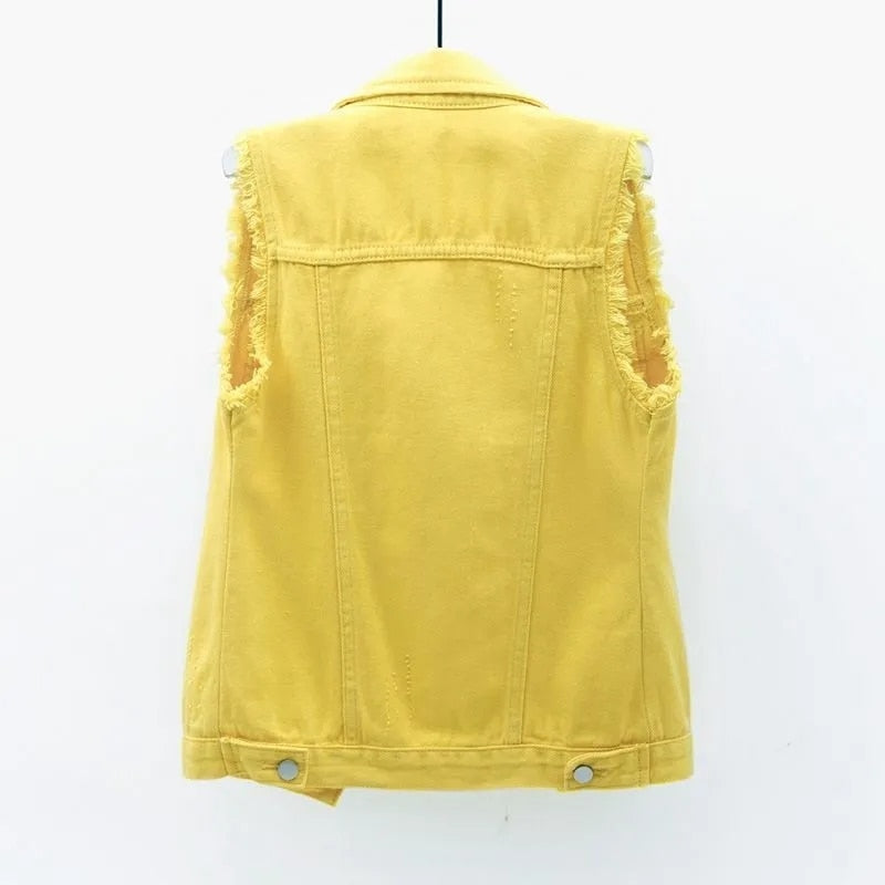 Women Single Breasted Denim Vest Autumn Winter Solid Casual Turn-down Collar Pocket Sleeveless Short Jean Coat Streetwear Female