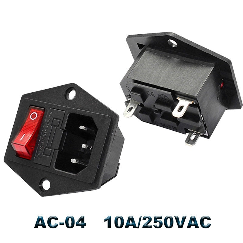 IEC320 C14 Electrical AC Socket 3 pin red LED 250V Rocker Switch 10A fuse female male inlet plug connector 2 pin socket mount