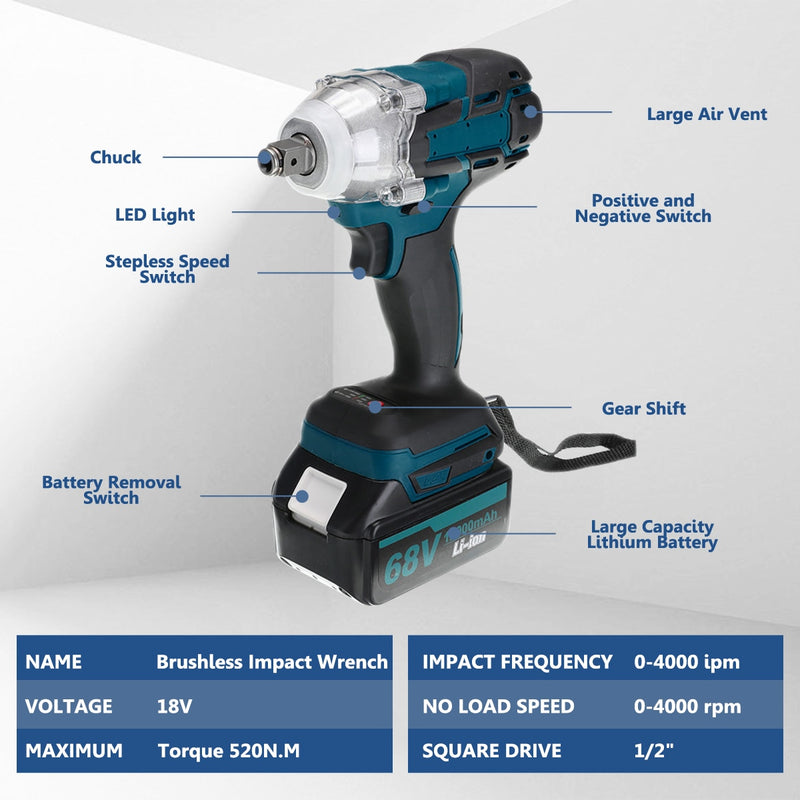 Brushless Cordless Electric Impact Wrench 18V Rechargeable Wrench Power Tool Compatible with Makita Battery Electric wrench