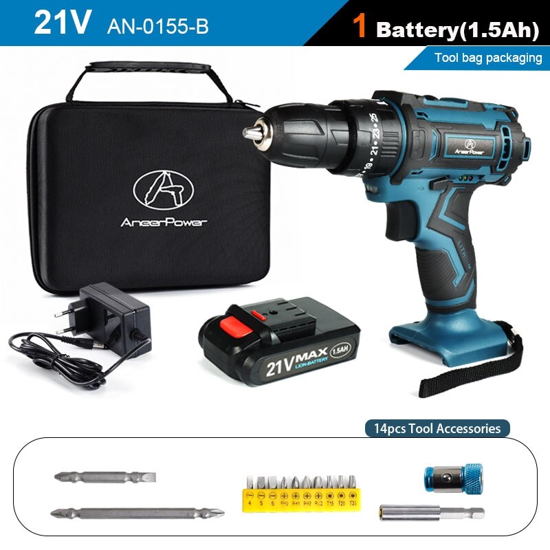 2 Speed Cordless Impact Drill 21V Electric Screwdriver Home Mini 1500 Mah 18650 Lithium Battery Wireless Rechargeable Hand Drill
