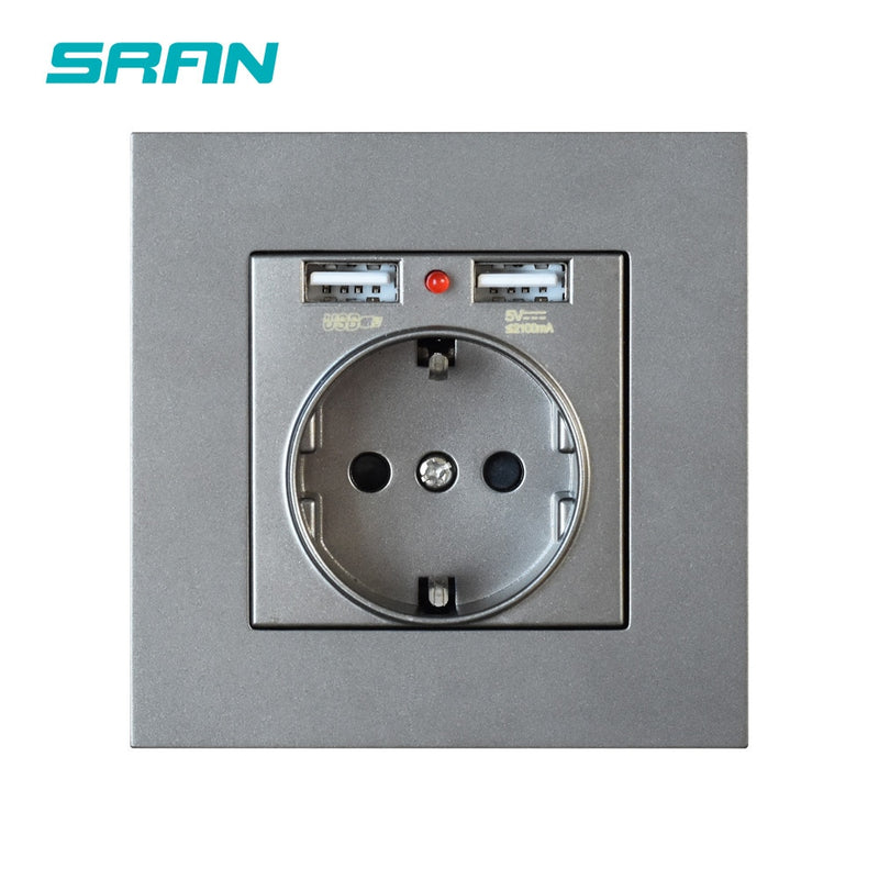 SRAN EU Power socket socket with usb for home,Dual Usb plug 5V 2A PC Panel 86*86mm Usb wall socket Smart LED ON/OFF 16A Outlets