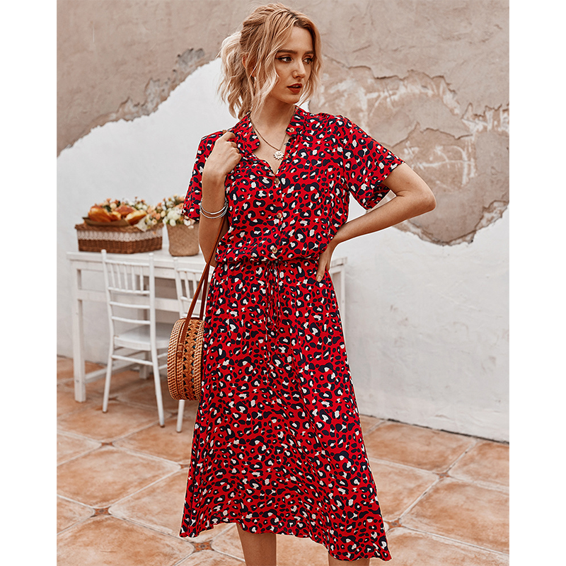 2021 Summer Polka Dot Dress Ladies Leopard Print Shirt Dress, Bohemian, Mid-length, High Waist, Beachwear, Vacation, Summer