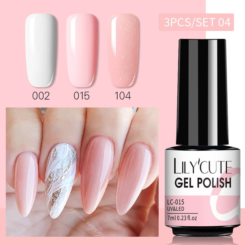 LILYCUTE 3 PCS Gel Nail Polish Set Nude Pink Glitter Sequins Matte Effect Gel Long Lasting Base Top Coat Nail Art Design Hybrid
