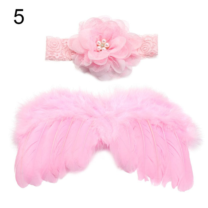 2pcs/set Cute Newborn Angel Feather Wings with Baby Girl Rose Flower Headband Hair Accessories for Infant Photography Props