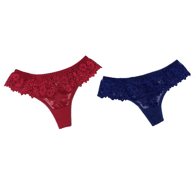2Pcs/lot Women Sexy Lace Lingerie Temptation Low-waist Panties Embroidery Thong Transparent Hollow out Underwear Free shipping