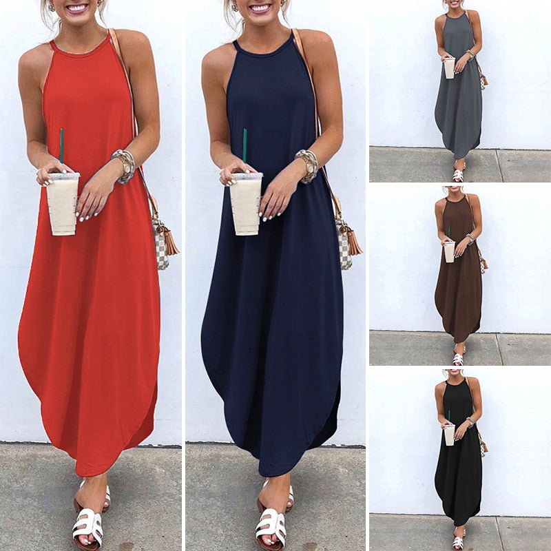 Printed Maxi Dresses VONDA Bohemian Sexy Sleeveless Sundress Women Causal Halter Summer Beach Dress Asymmetric Long Dresses