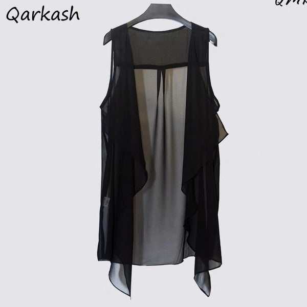 Chiffon Vests Women Holiday Street Solid Black Sweet Thin Summer All-match Fairy Outerwear Sexy Long Draped Open Stitch Vintage