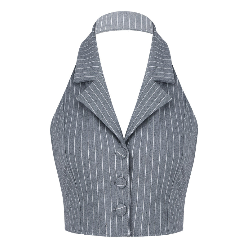 Womens Stripe Vests Elegant OL Waistcoat Suit Vest Halter Neck V-Neck Office Ladies Crop Tops Business Formal Work Wear Mujer