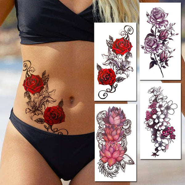 Watercolor Rose Flower Temporary Tattoo For Women Kids Girls Cherry Fake Tattoos Sticker Sexy Lotus Henna Waterproof Tatoo Waist