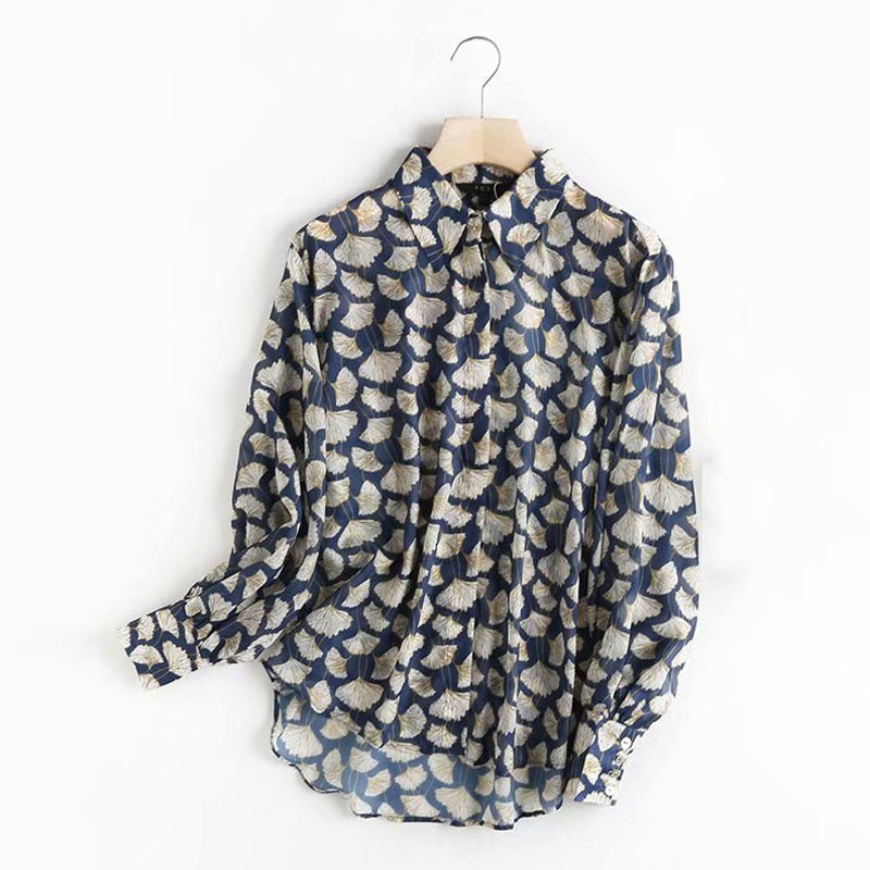 Modelutti Autumn Blouse Women England Style Cozy Fashion Elegant Leaf Printing Loose Silk Loose Blusas Mujer De Moda Shirt Tops